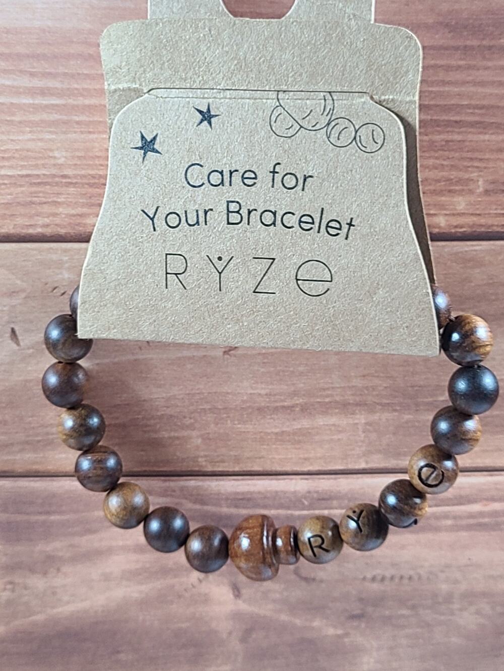 Ryze JOY Wood Bead Stretch Bracelet Brown Natural Wooden Beads New on Card